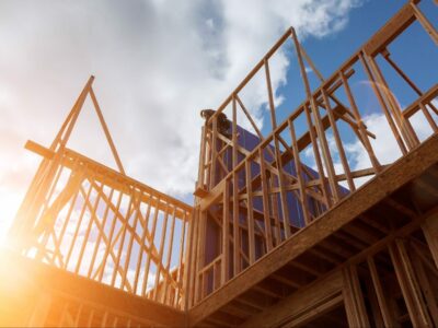 Stage photo from 149Photos showing worker added walls to studs with sun shining